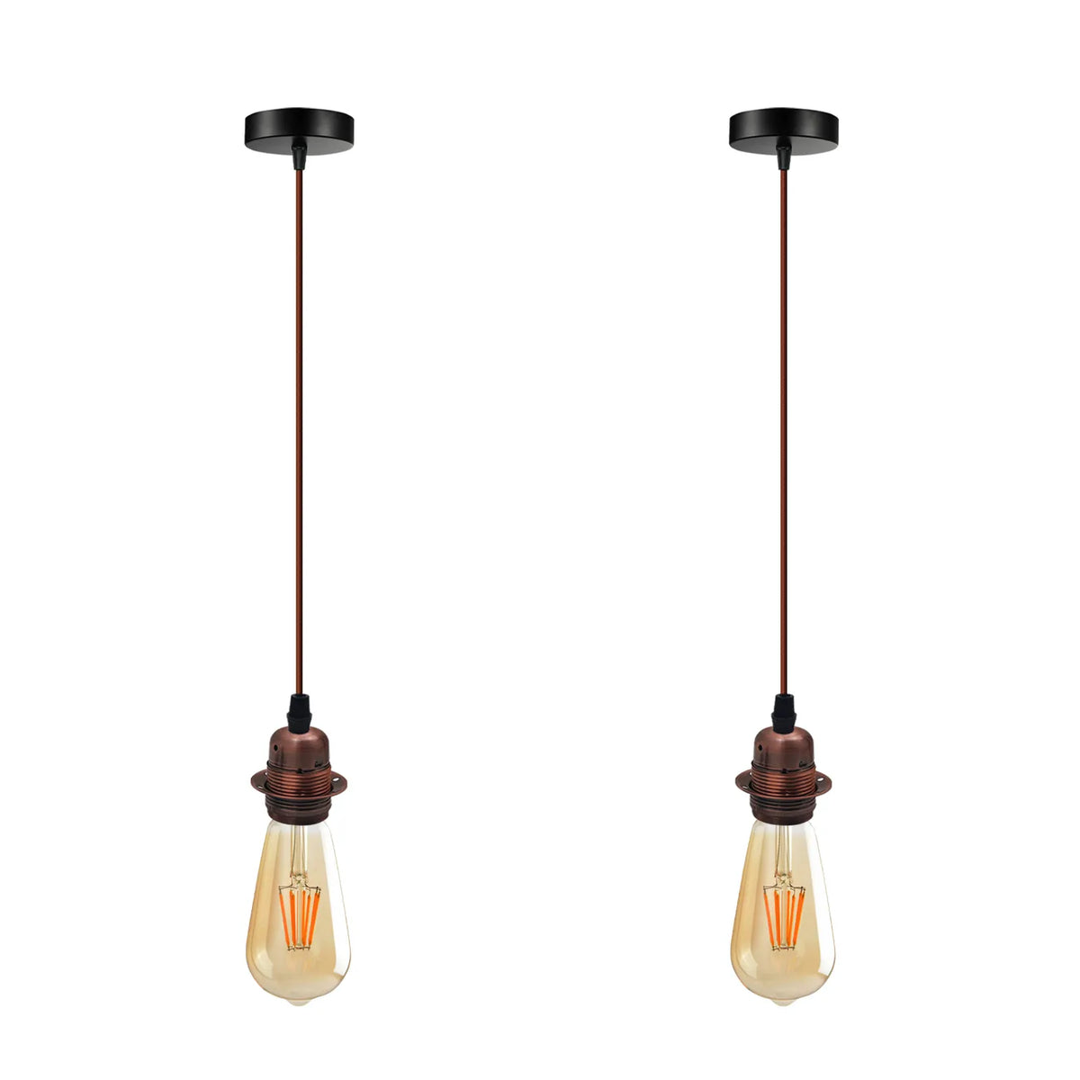 Copper Pendant Lamp Holder Set – Brown Cable, E27, Pack of 2 - Brown, Pack of 2, 2 x ST64 Bulbs
