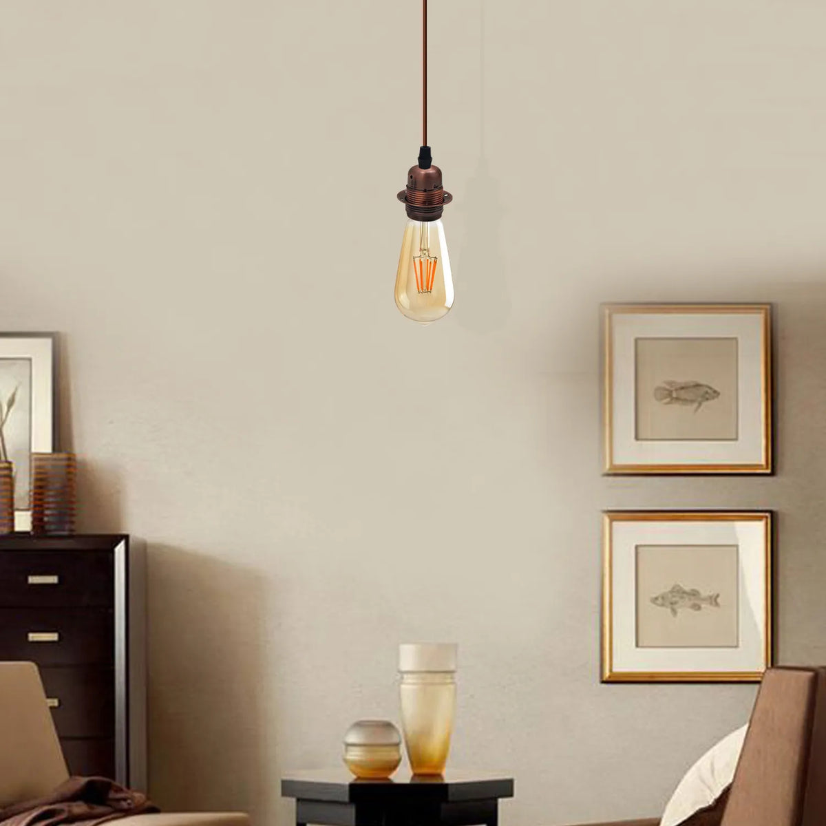 Copper Pendant Lamp Holder Set – Brown Cable, E27, Pack of 2