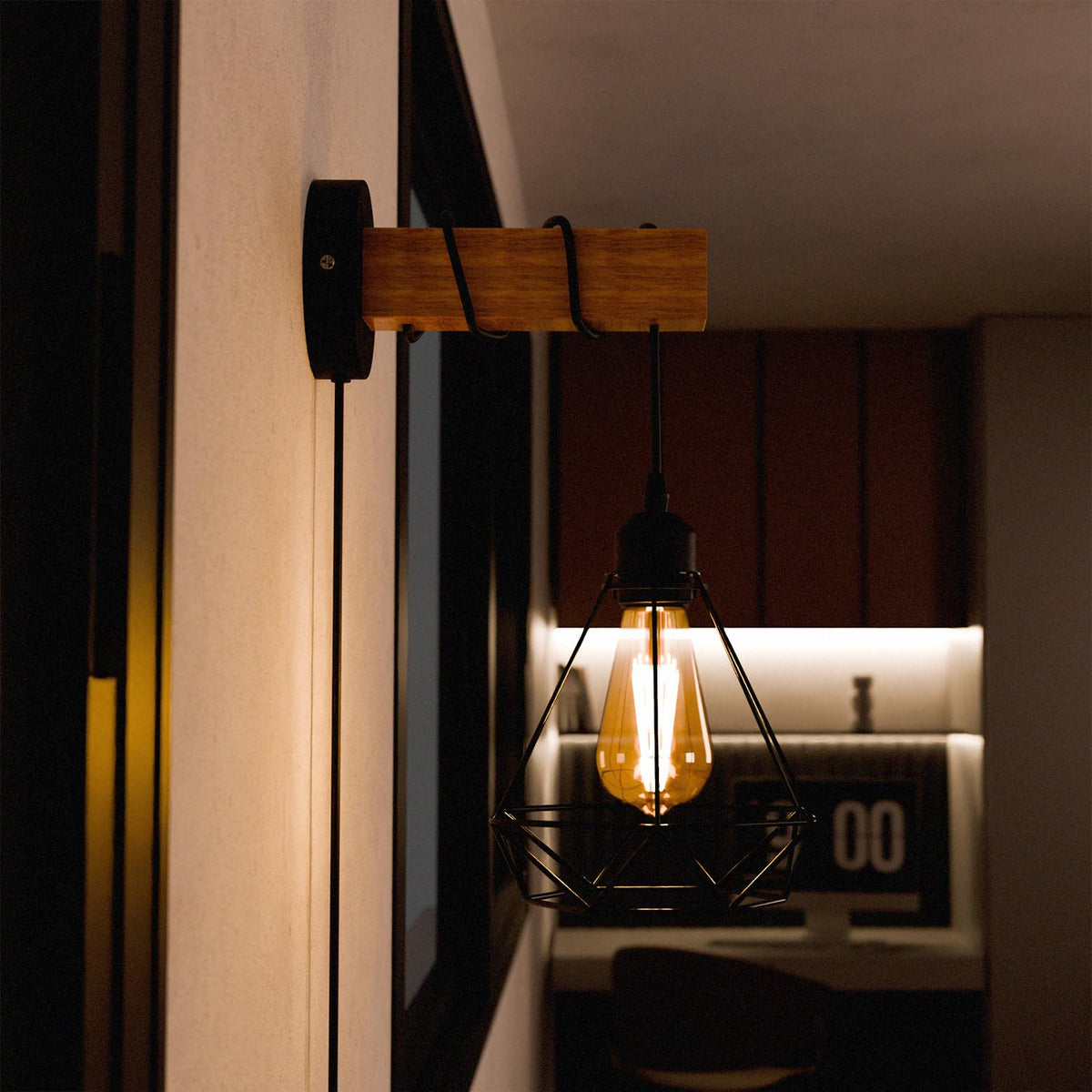 Plug-In Wood Block Wall Light with Dimmer – Diamond Cage or Bare Bulb - photo 3