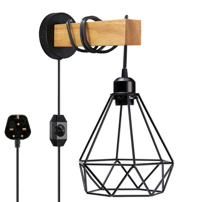 Plug-In Wood Block Wall Light with Dimmer – Diamond Cage or Bare Bulb - photo 4