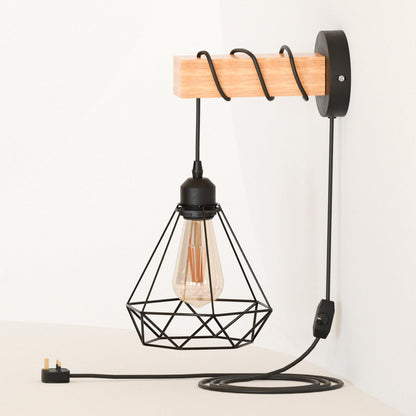 Plug-In Wood Block Wall Light with Dimmer – Diamond Cage or Bare Bulb - photo 6