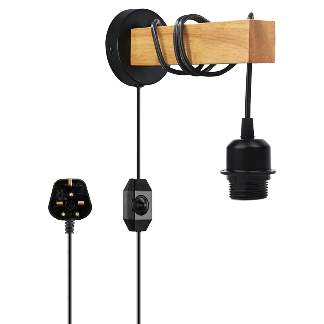 Plug-In Wood Block Wall Light with Dimmer – Diamond Cage or Bare Bulb - Black, No Shade, Without Bulb