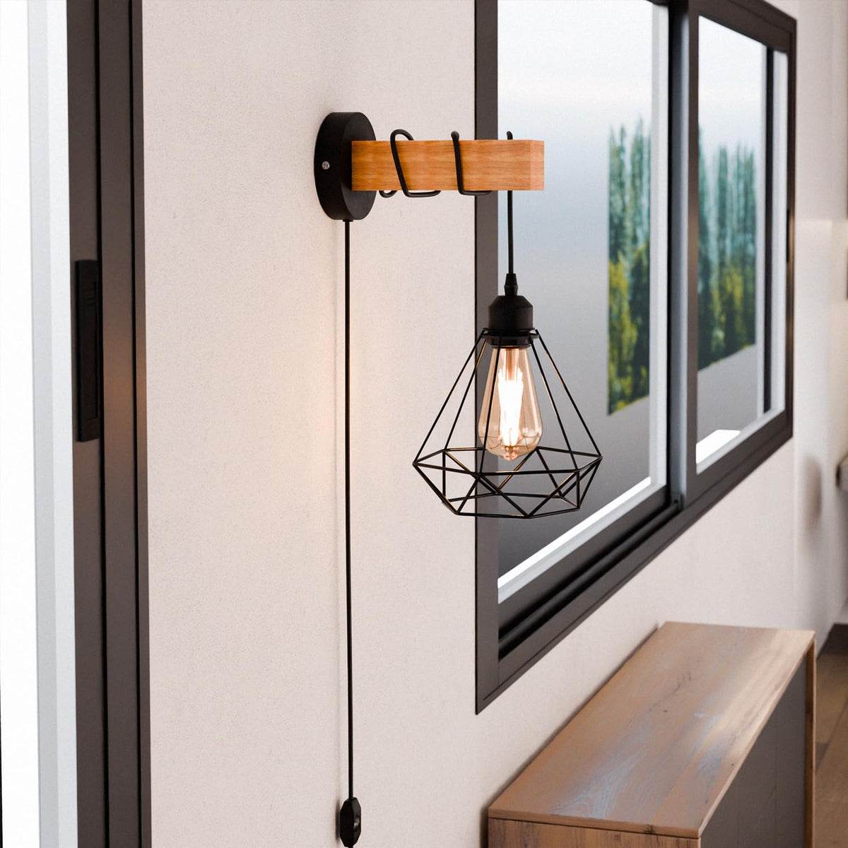 Plug-In Wood Block Wall Light with Dimmer – Diamond Cage or Bare Bulb - Black, Wire Cage Black, Without Bulb