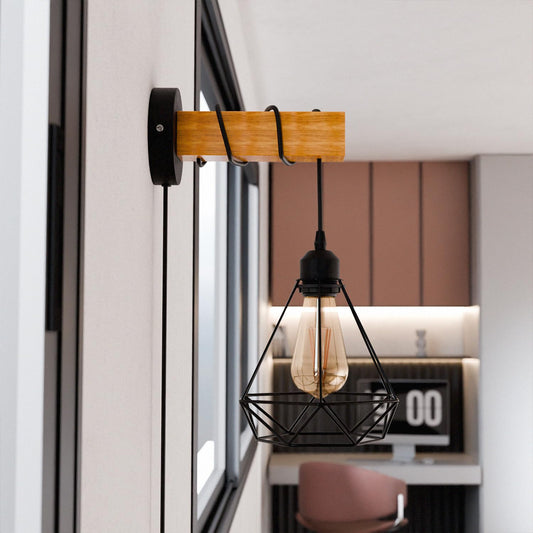Plug-In Wood Block Wall Light with Dimmer – Diamond Cage or Bare Bulb