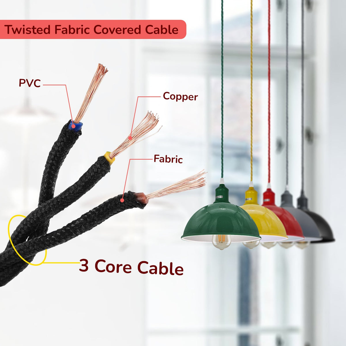 Dome or Cone Pendant Light – Green, Twisted Fabric Cable, E27 - photo 3