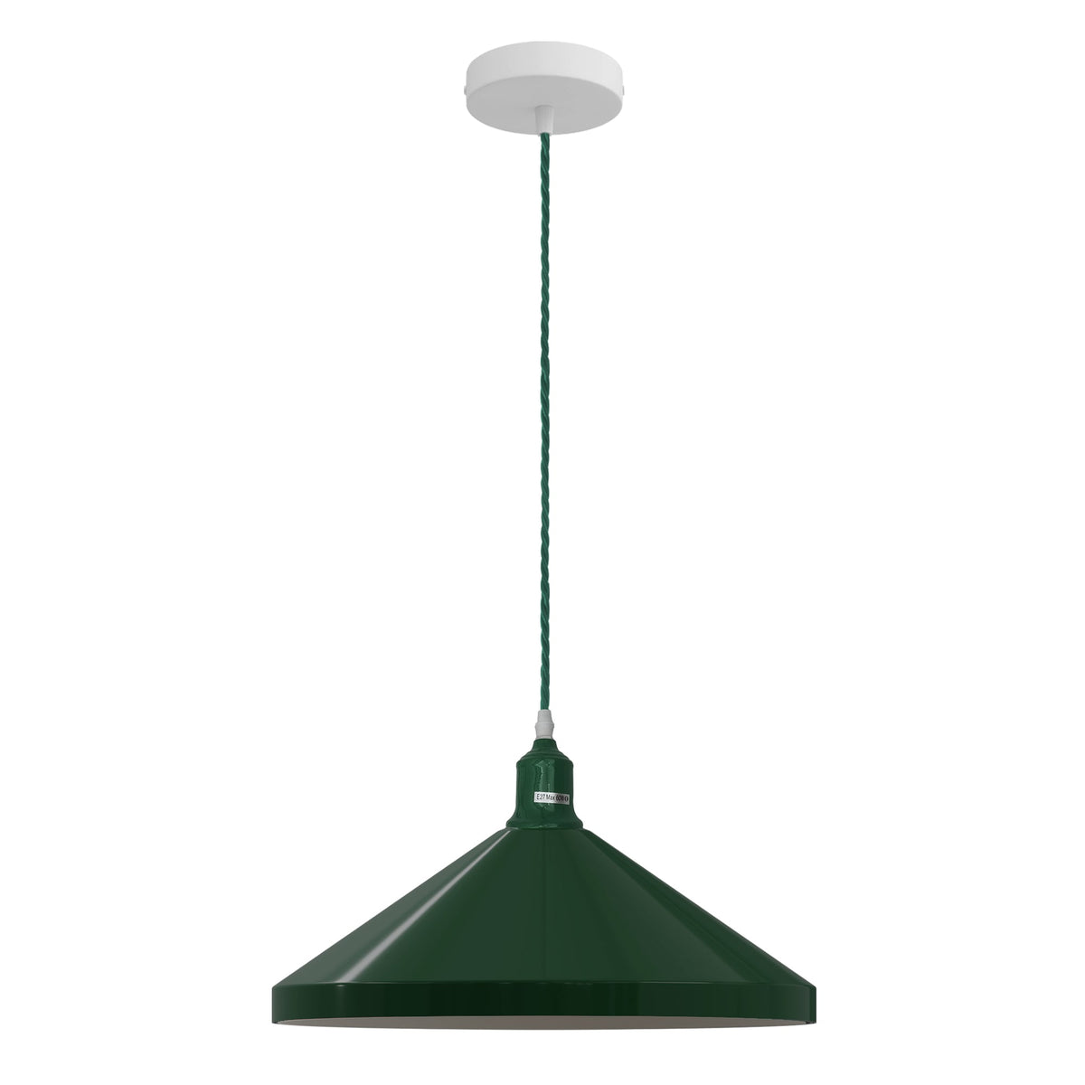 Dome or Cone Pendant Light – Green, Twisted Fabric Cable, E27 - Dark Green, Large Cone 33.5 cm DG, Without Bulb