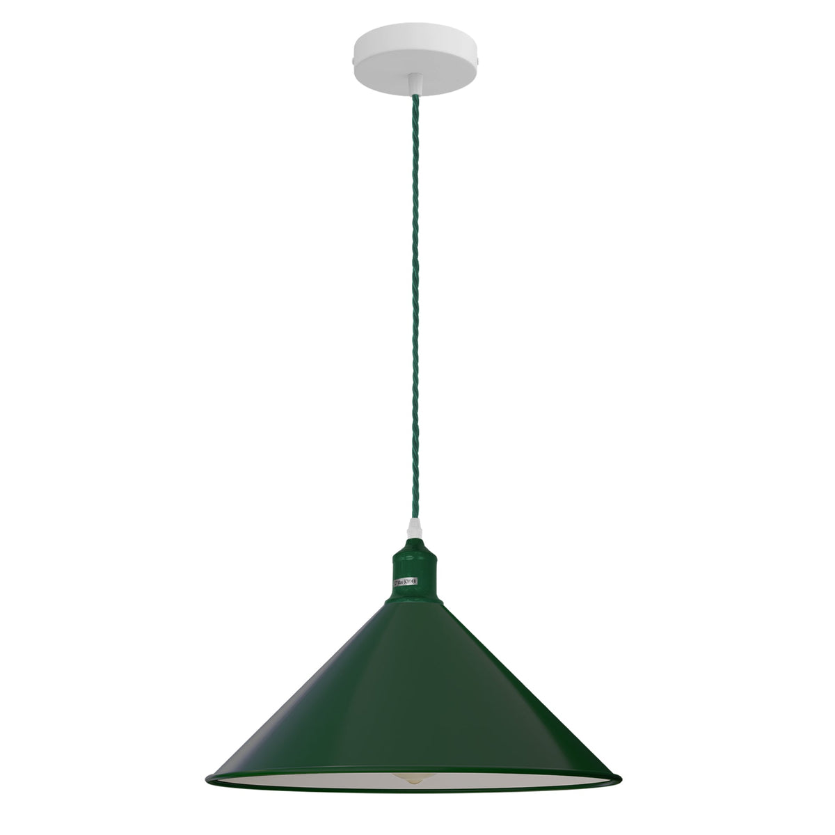 Dome or Cone Pendant Light – Green, Twisted Fabric Cable, E27 - Dark Green, Large Cone 36 cm DG, Without Bulb
