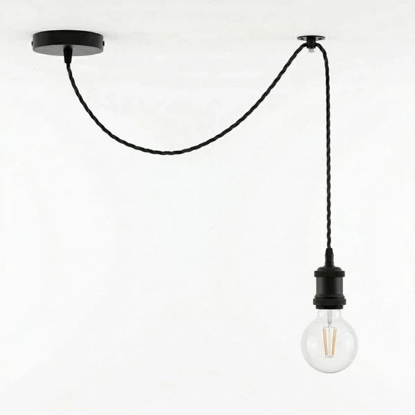 Twisted Cable Pendant Lamp Holder Set – 2 m, E27, 3 Finishes - Black, No Shade, G80 LED Bulb 4W