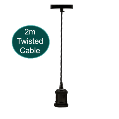 Twisted Cable Pendant Lamp Holder Set – 2 m, E27, 3 Finishes - Black, No Shade, Without Bulb