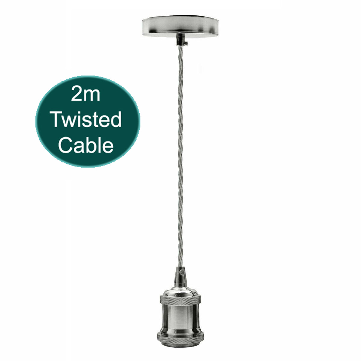 Pendant Light Fitting with 2 m Twisted Cable – Chrome or White, E27 - Chrome, No Shade, Without Bulb