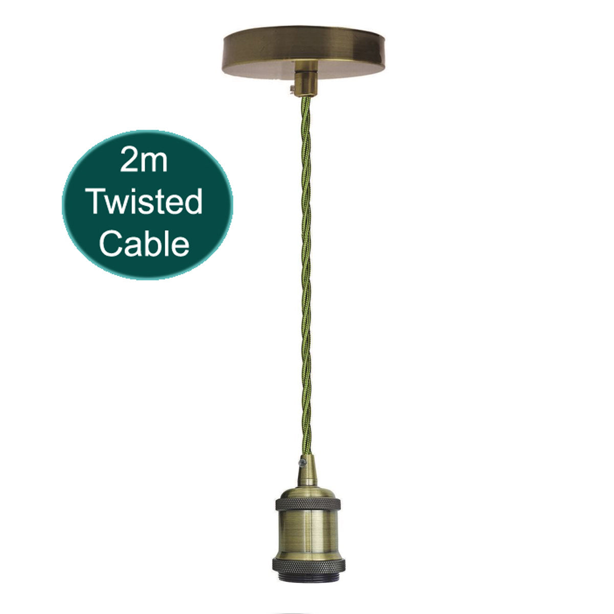 Green Brass Pendant Set – 2 m Twisted Cable, Plain or Swag Hook, E27 - Green Brass, Plain, Without Bulb