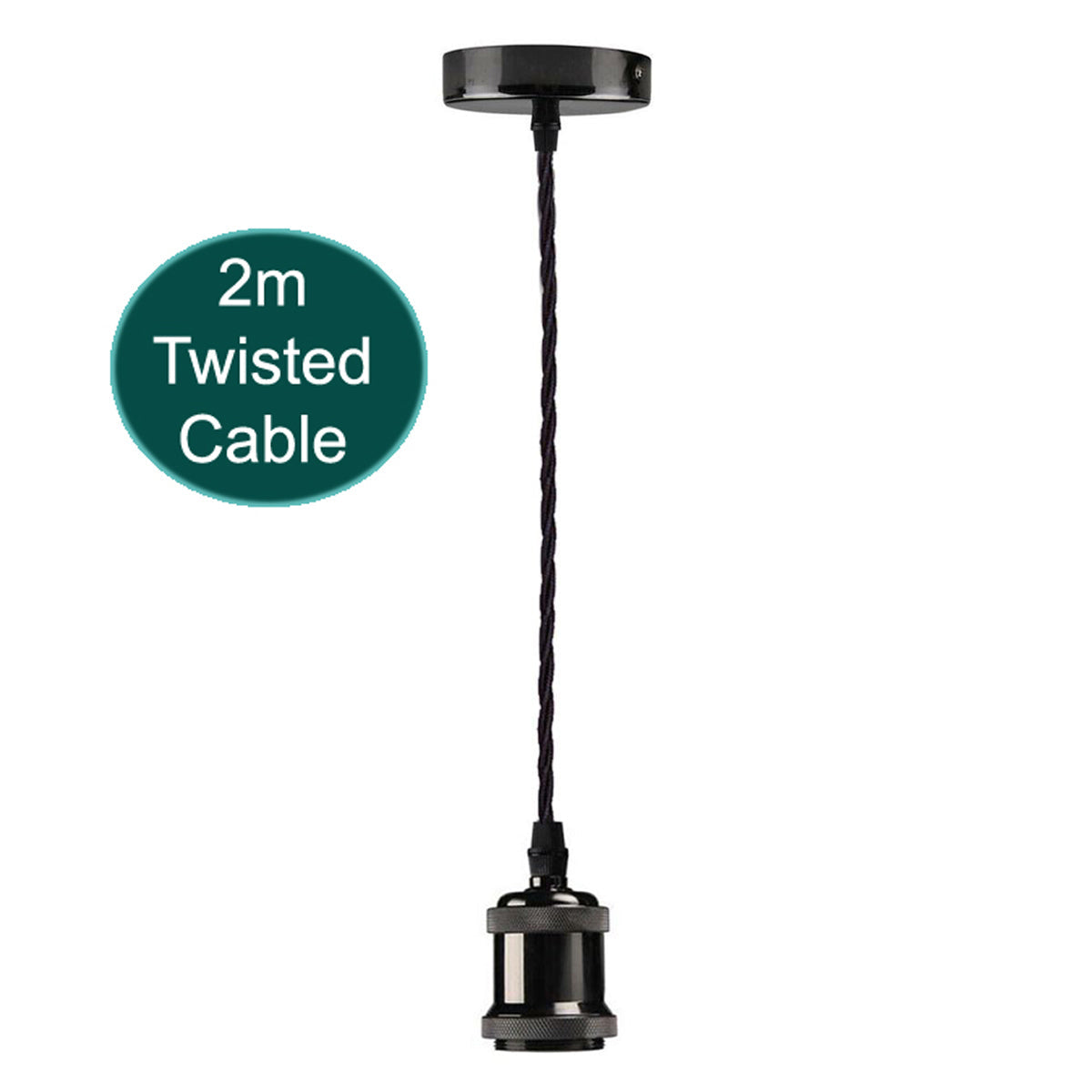 Twisted Cable Pendant Lamp Holder Set – 2 m, E27, 3 Finishes - Shiny Black, No Shade, Without Bulb