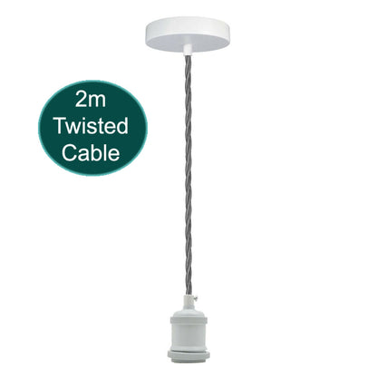 Pendant Light Fitting with 2 m Twisted Cable – Chrome or White, E27 - White, No Shade, Without Bulb