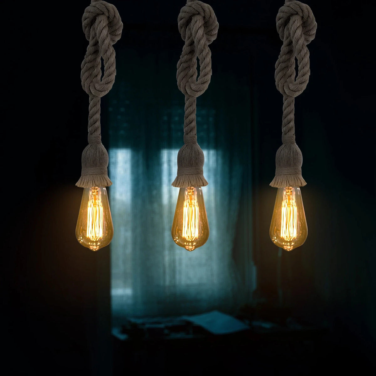 3-Light Knotted Rope Pendant Bar – Black Ceiling Bar, E27 - photo 3