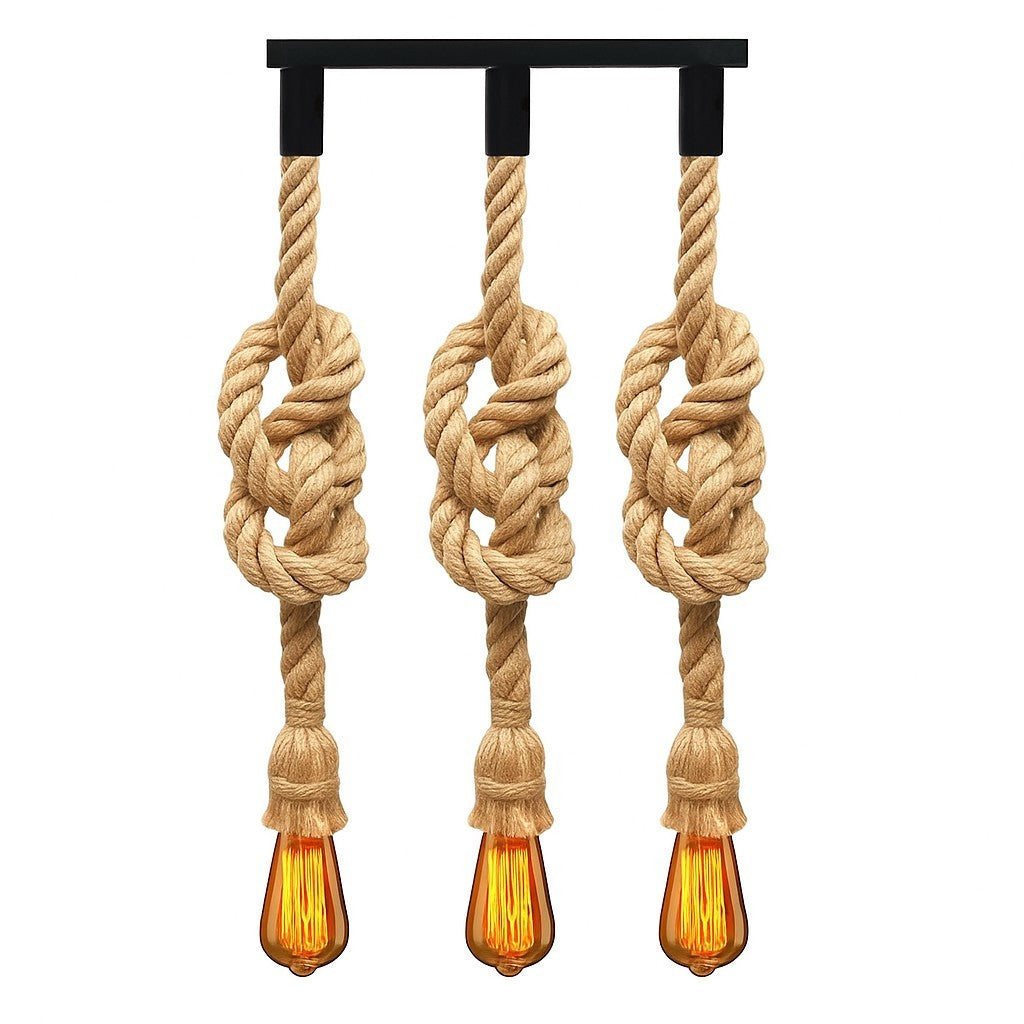 3-Light Knotted Rope Pendant Bar – Black Ceiling Bar, E27 - Hemp, No Shade, 3 x ST64 Bulbs