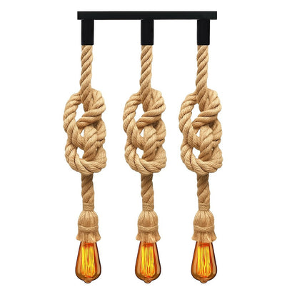 3-Light Knotted Rope Pendant Bar – Black Ceiling Bar, E27 - Hemp, No Shade, 3 x ST64 Bulbs