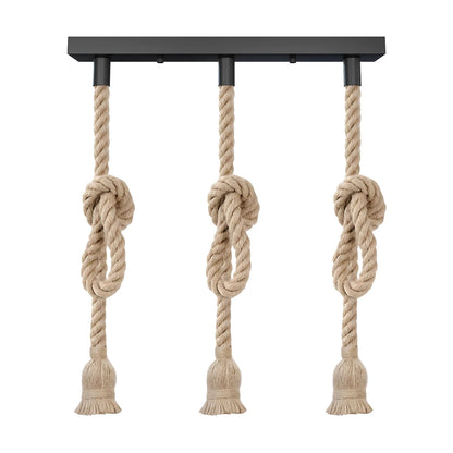 3-Light Knotted Rope Pendant Bar – Black Ceiling Bar, E27 - Hemp, No Shade, Without Bulb