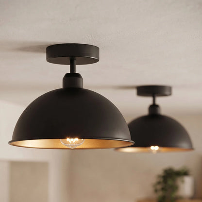 Flush Mount Ceiling Light – Black Fitting, 50+ Shades & Cages, E27 - Black, Dome 21 cm Black & Gold, Without Bulb