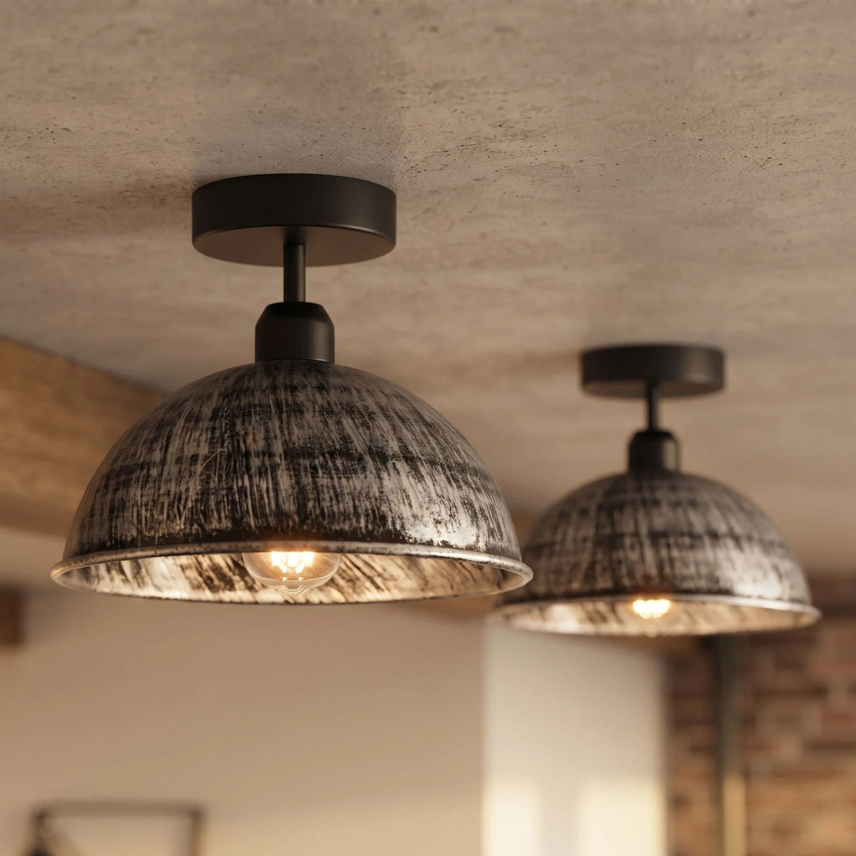 Flush Mount Ceiling Light – Black Fitting, 50+ Shades & Cages, E27 - Black, Dome 21 cm Brushed Silver, Without Bulb