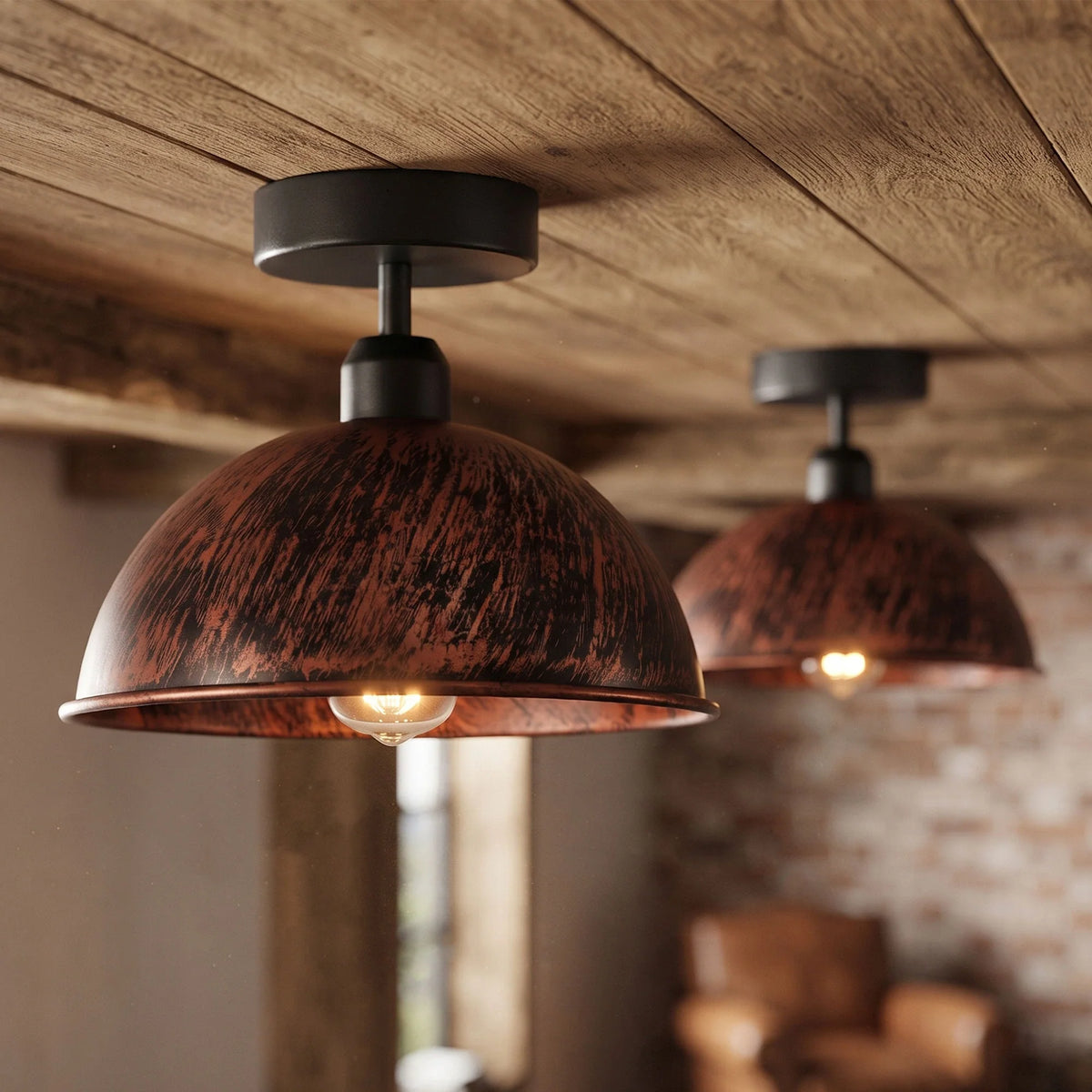 Flush Mount Ceiling Light – Black Fitting, 50+ Shades & Cages, E27 - Black, Dome 21 cm Rustic Red, Without Bulb