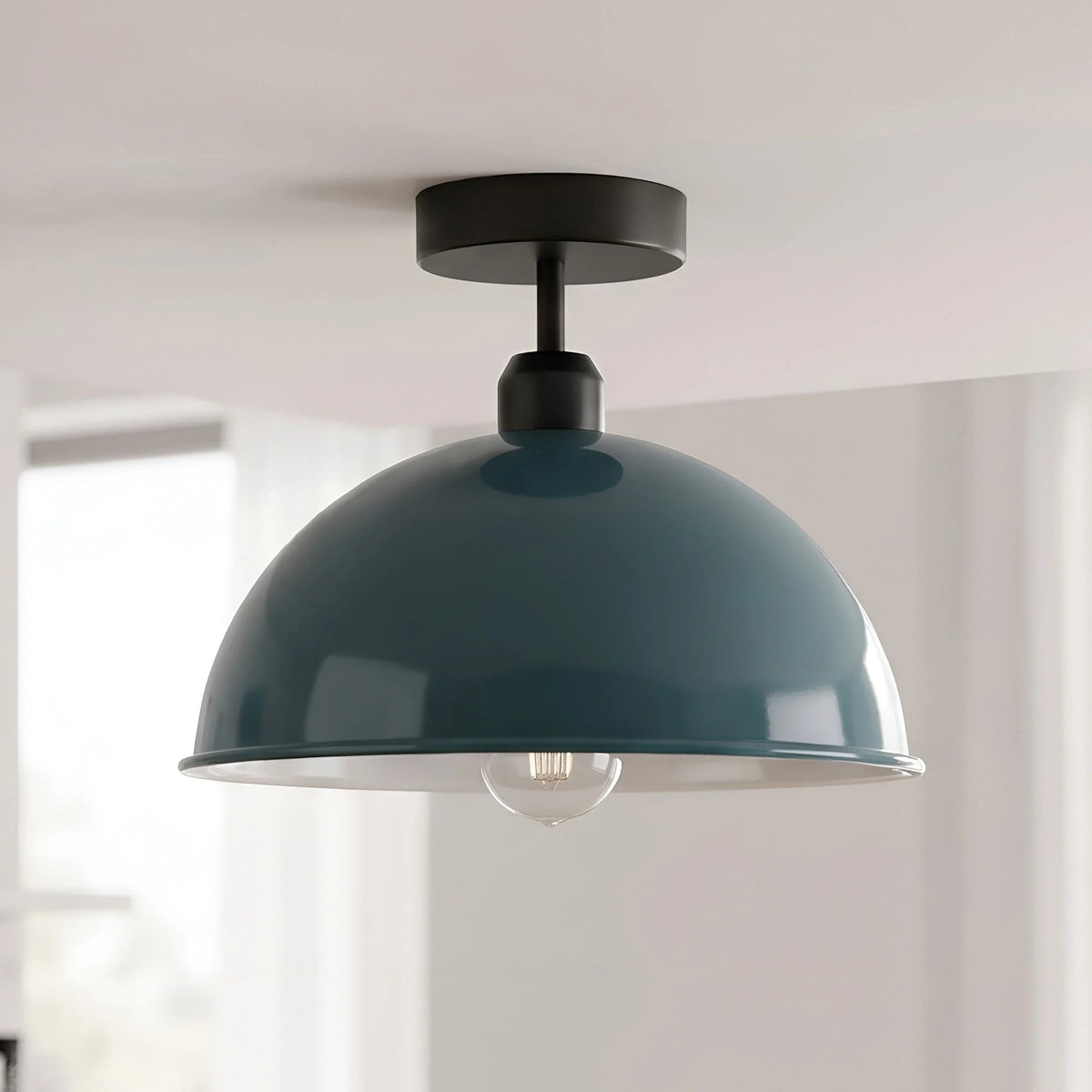 Flush Mount Ceiling Light – Black Fitting, 50+ Shades & Cages, E27 - Black, Dome 30 cm Cyan Blue, Without Bulb