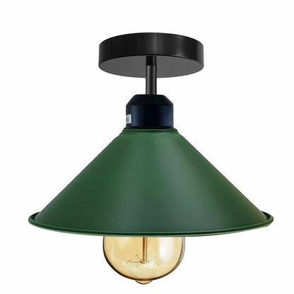 Flush Mount Ceiling Light – Black Fitting, 50+ Shades & Cages, E27 - Black, Flat Cone 22 cm Green, Without Bulb