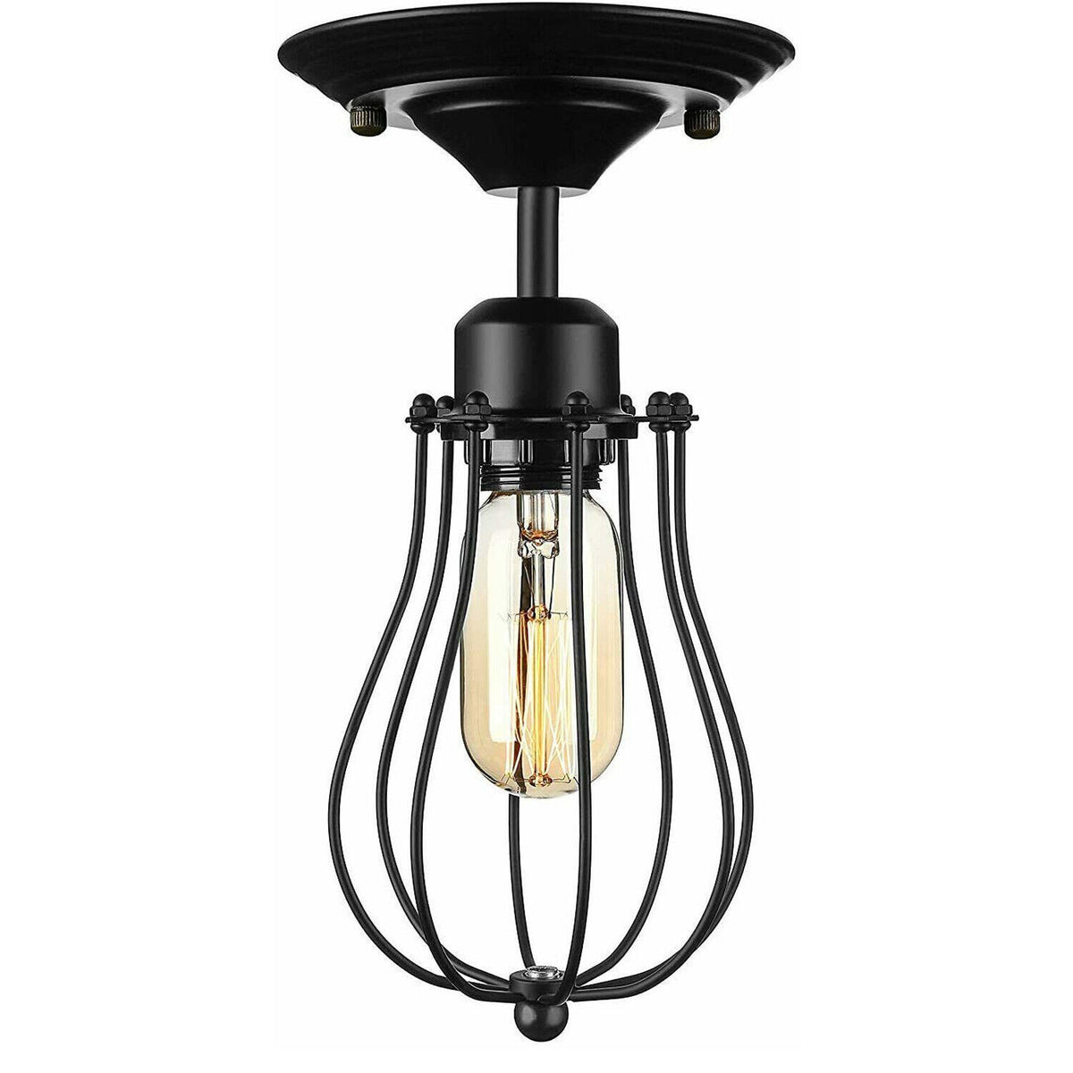 Flush Mount Ceiling Light – Black Fitting, 50+ Shades & Cages, E27 - Black, Round Cage Black, T130 LED Bulb 4W