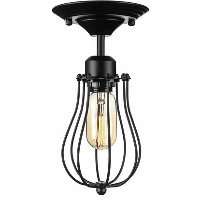 Flush Mount Ceiling Light – Black Fitting, 50+ Shades & Cages, E27 - Black, Round Cage Black, T130 LED Bulb 4W