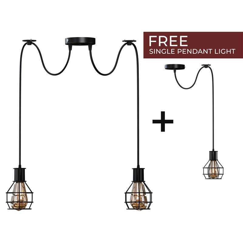 Cage Spider Pendant – 3-Way, or 2-Way + Single Pendant, E27 - ST64 LED Bulb 4W, Black, 2-Way Spider + Single Pendant