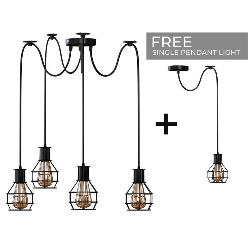 Cage Spider Pendant Set – 4-Arm Spider & Single Pendant, 4 Colours - ST64 LED Bulb 4W, Black, 4-Arm Spider & Single Pendant