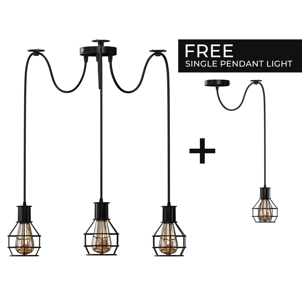 Cage Spider Pendant Set – 3-Arm Spider & Single Pendant, 4 Colours - ST64 LED Bulb 4W, Black, 3-Arm Spider & Single Pendant