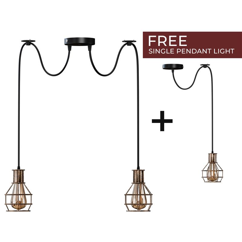 Cage Spider Pendant – 3-Way, or 2-Way + Single Pendant, E27 - Without Bulb, Brushed Copper, 2-Way Spider + Single Pendant