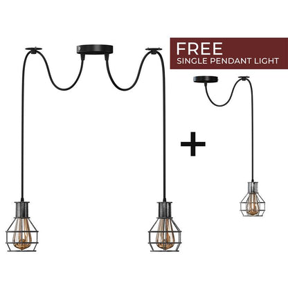 Cage Spider Pendant – 3-Way, or 2-Way + Single Pendant, E27 - ST64 LED Bulb 4W, Brushed Silver, 2-Way Spider + Single Pendant