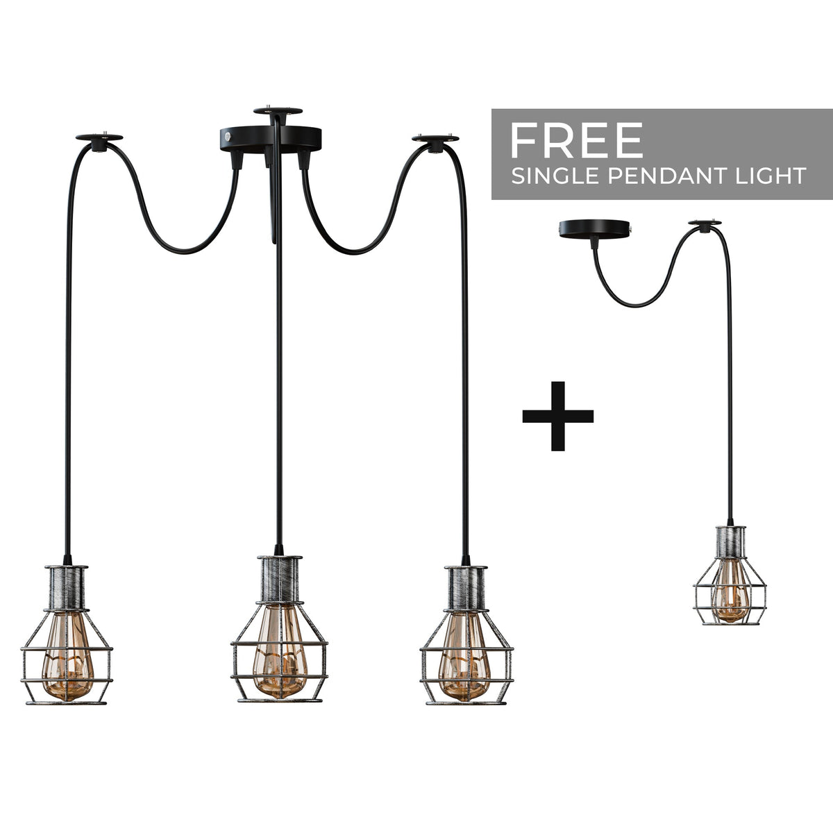 Cage Spider Pendant Set – 3-Arm Spider & Single Pendant, 4 Colours - ST64 LED Bulb 4W, Brushed Silver, 3-Arm Spider & Single Pendant