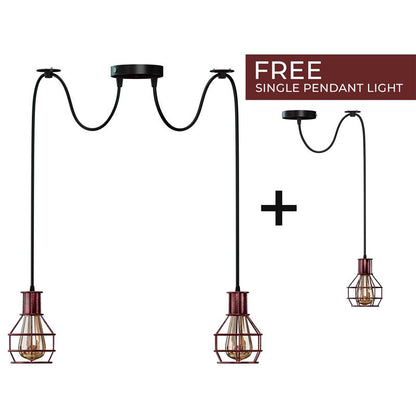 Cage Spider Pendant – 3-Way, or 2-Way + Single Pendant, E27 - ST64 LED Bulb 4W, Rustic Red, 2-Way Spider + Single Pendant