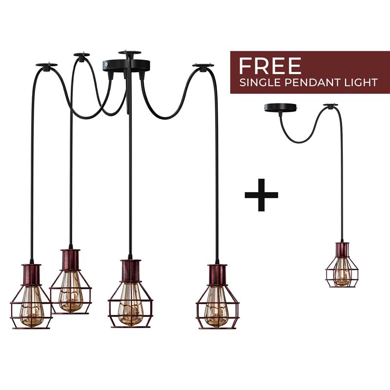 Cage Spider Pendant Set – 4-Arm Spider & Single Pendant, 4 Colours - ST64 LED Bulb 4W, Rustic Red, 4-Arm Spider & Single Pendant