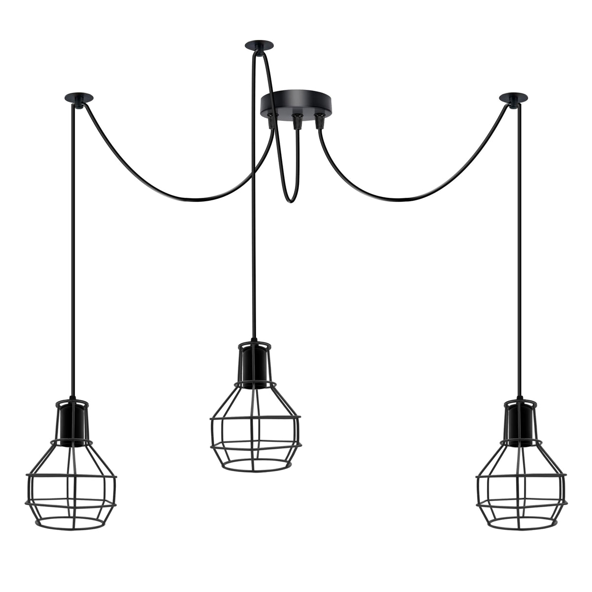 Cage Spider Pendant – 3-Way, or 2-Way + Single Pendant, E27 - Without Bulb, Black, 3-Way Spider