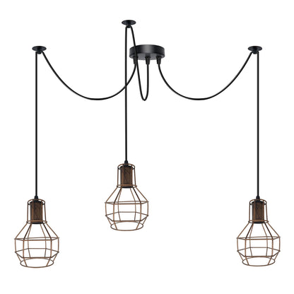 Cage Spider Pendant – 3-Way, or 2-Way + Single Pendant, E27 - Without Bulb, Brushed Copper, 3-Way Spider