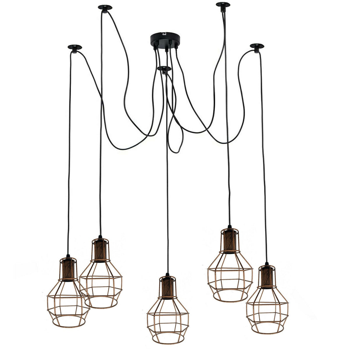 Cage Spider Pendant Set – 4-Arm Spider & Single Pendant, 4 Colours - Without Bulb, Brushed Copper, 5-Arm Spider