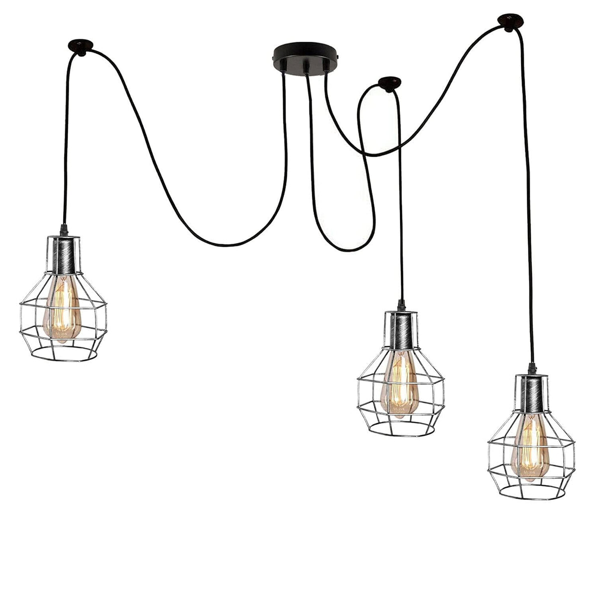 Cage Spider Pendant – 3-Way, or 2-Way + Single Pendant, E27 - Without Bulb, Brushed Silver, 3-Way Spider