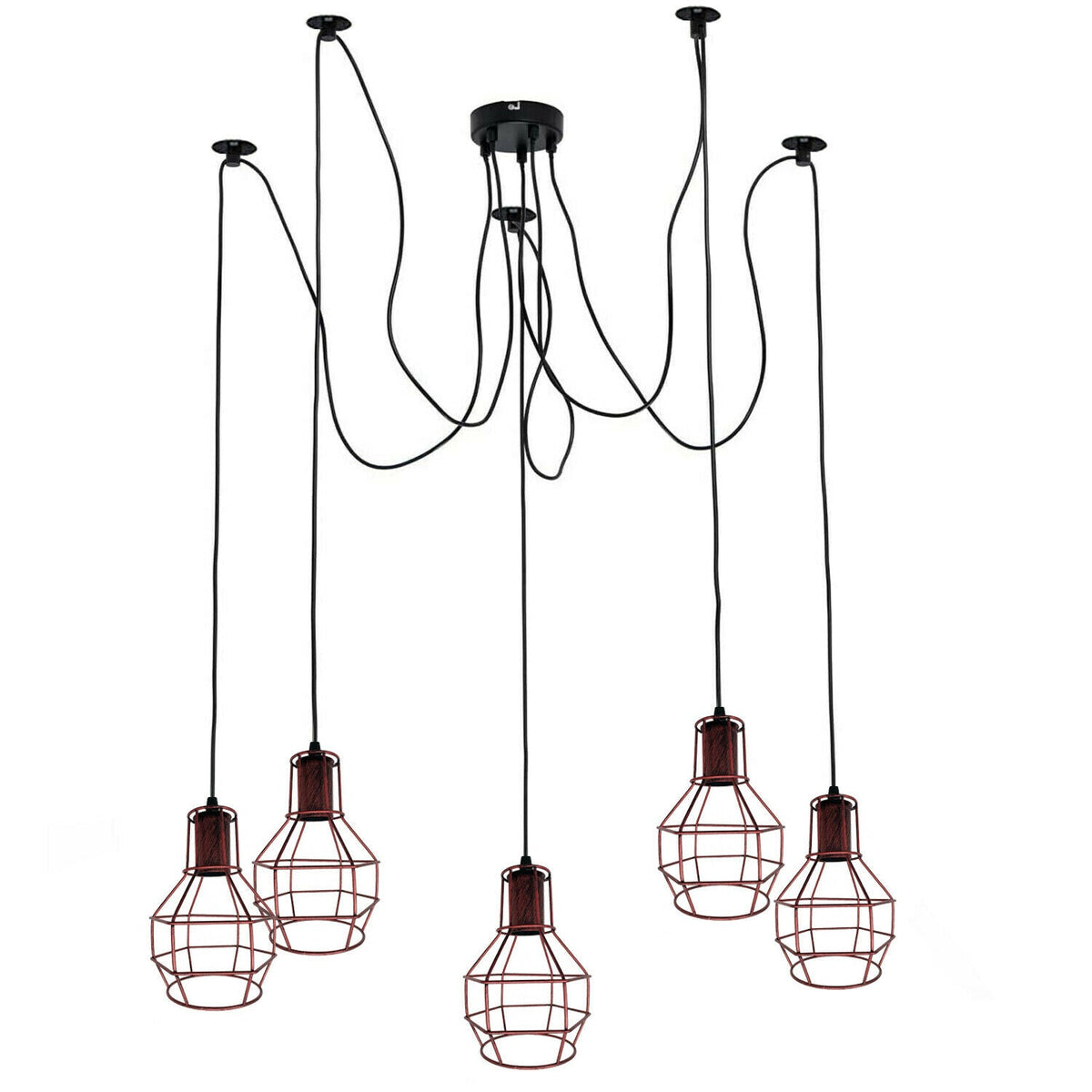 Cage Spider Pendant Set – 4-Arm Spider & Single Pendant, 4 Colours - Without Bulb, Rustic Red, 5-Arm Spider