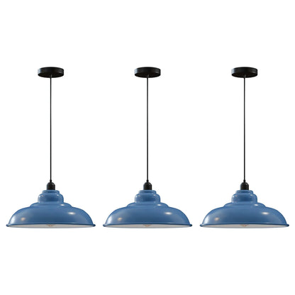 Industrial Pendant Light – Barn, Gloss Dome, Cone or Hemp Shade - Black, Gloss Metal 32 cm Light Blue Pack of 3, Without Bulb