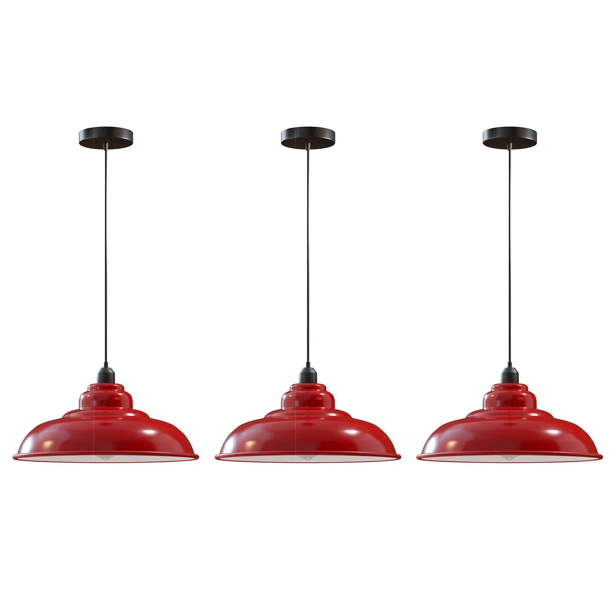 Industrial Pendant Light – Barn, Gloss Dome, Cone or Hemp Shade - Black, Gloss Metal 32 cm Red Pack of 3, Without Bulb