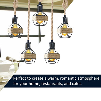 5 Light Hemp Rope Bar Pendant – Rope-Wrapped Black Cages, E27 - photo 5