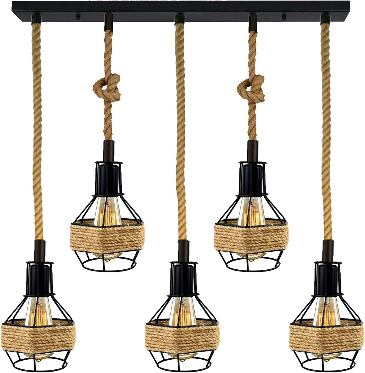 4-Light Hemp Rope Cage Bar Pendant – Black, E27 - photo 6