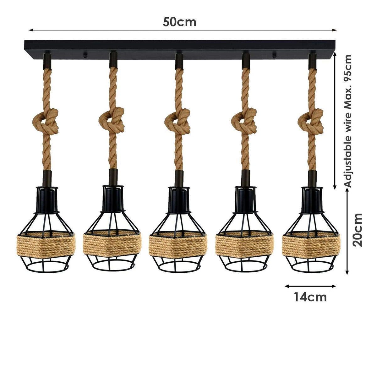5 Light Hemp Rope Bar Pendant – Rope-Wrapped Black Cages, E27 - photo 2