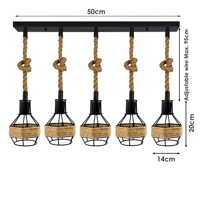 5 Light Hemp Rope Bar Pendant – Rope-Wrapped Black Cages, E27 - photo 2