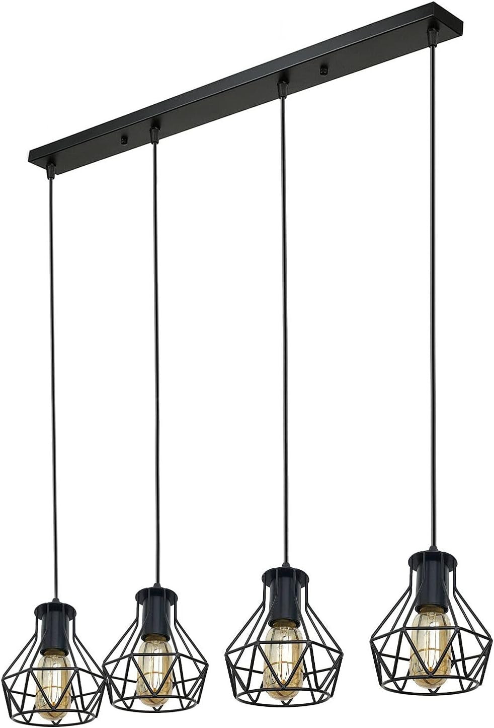 4-Light Hemp Rope Cage Bar Pendant – Black, E27 - Black, Diamond Cage Black, Without Bulb