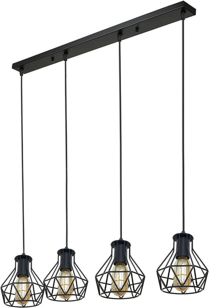 4-Light Hemp Rope Cage Bar Pendant – Black, E27 - Black, Diamond Cage Black, Without Bulb