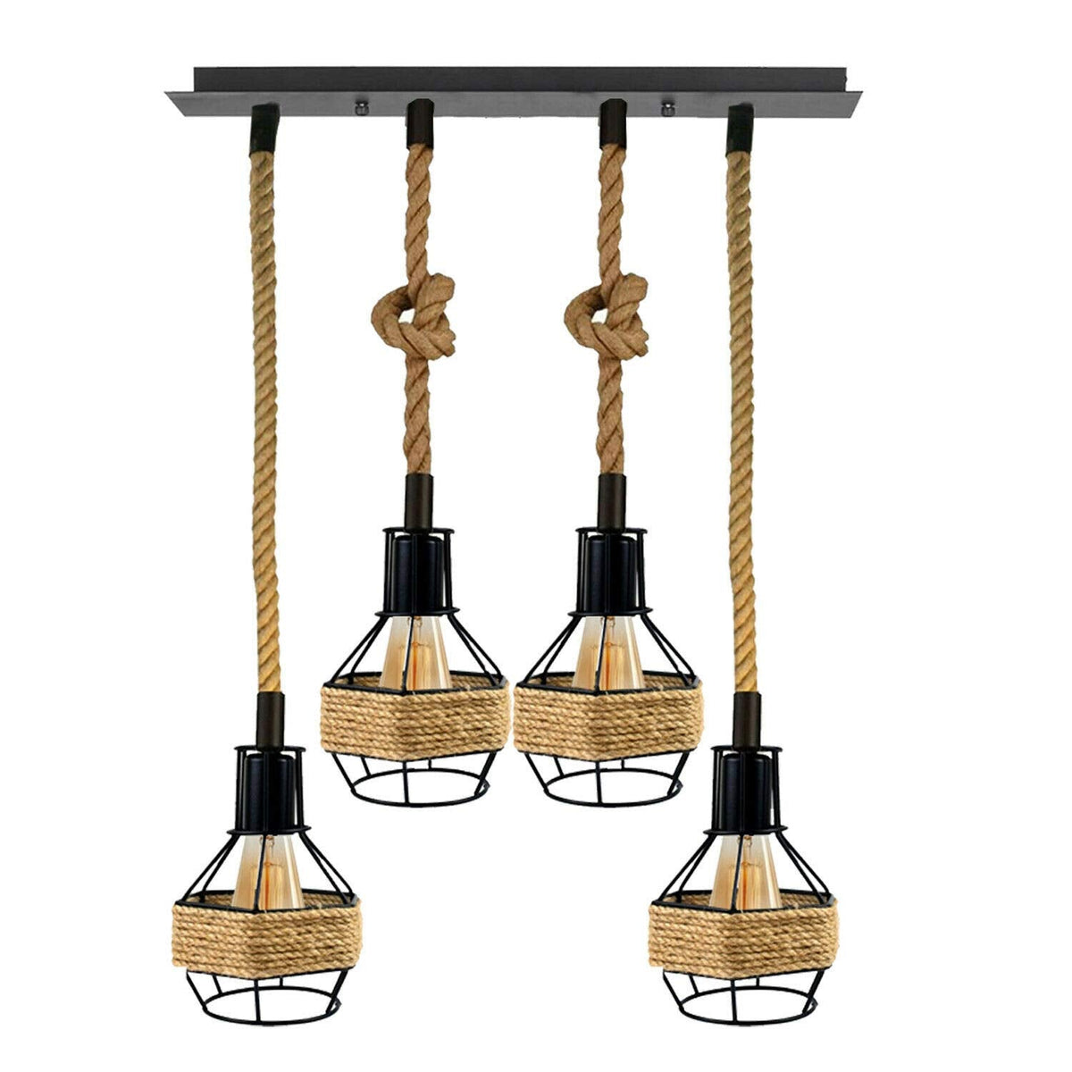 4-Light Hemp Rope Cage Bar Pendant – Black, E27 - Black, Round Cage, ST64 Bulb